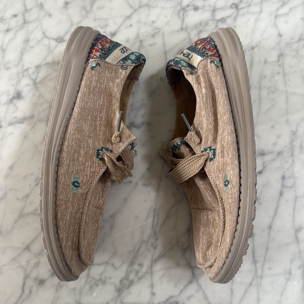 Hey Dude Beige Canvas Slip-On Sneakers with Teal Embroidery